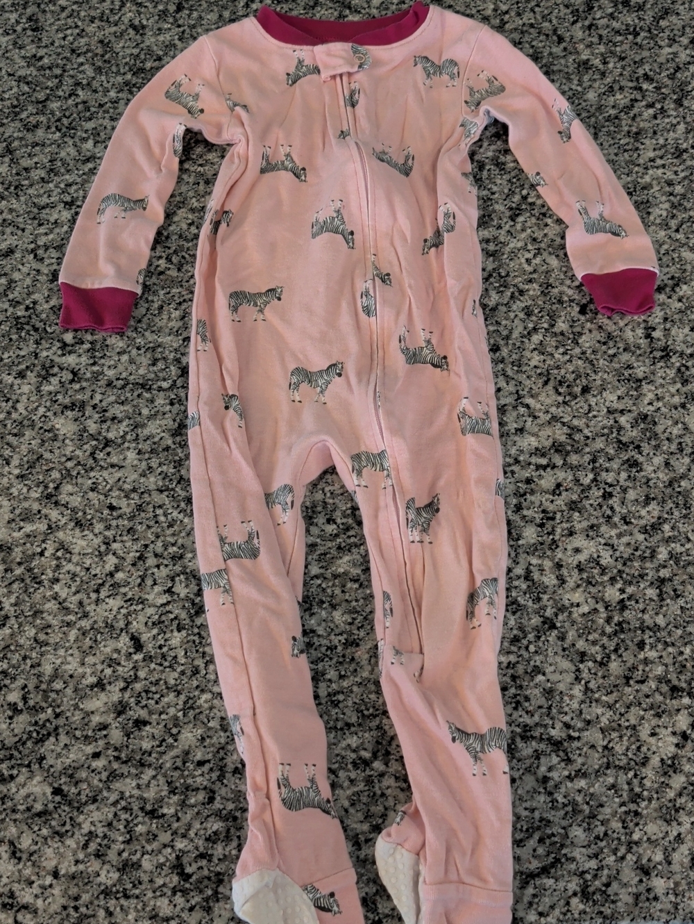 Amazon Essentials Pink Zebra Print Footed One-Piece Pajamas with Magenta Trim